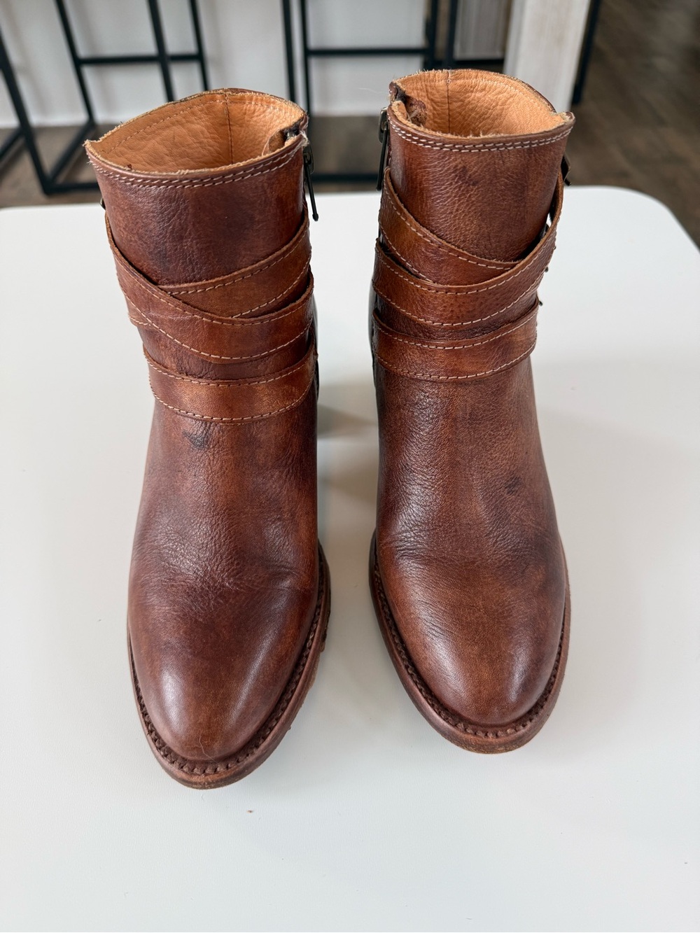BED|STU Brown Leather Ankle Boots with Wrap Strap